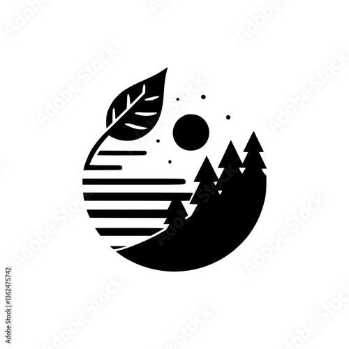 Black and White Minimalist Emblem: A stylized landscape with a leaf, trees, sun, and abstract elements, enclosed in a circle.