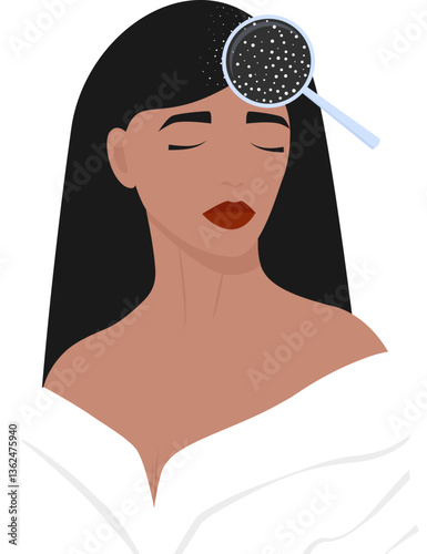Woman skin problem illustration. Woman dandruff problem dirty head concept. Hair scalp problem