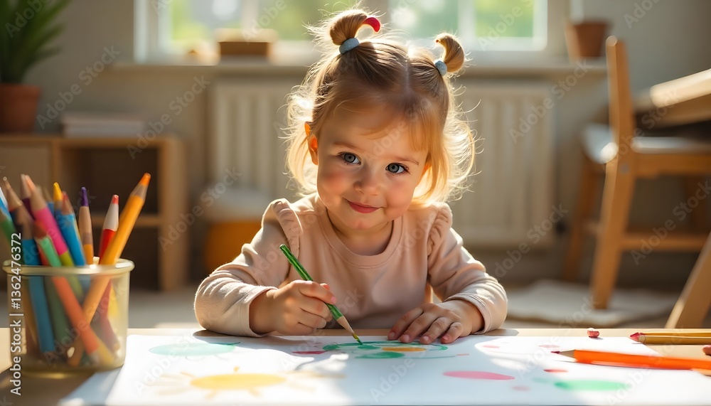 Child Engaged in Creative Drawing Activity with Colorful Art Supplies Child Engaged in Creative Drawing Activity with Colorful Art Supplies