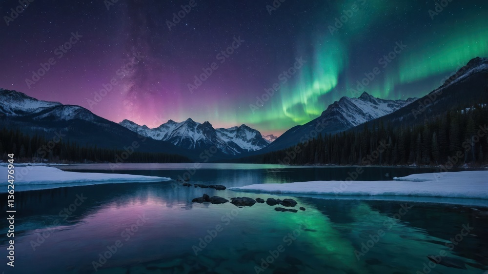 Obraz premium A stunning night scene featuring the aurora borealis over a serene mountain lake.