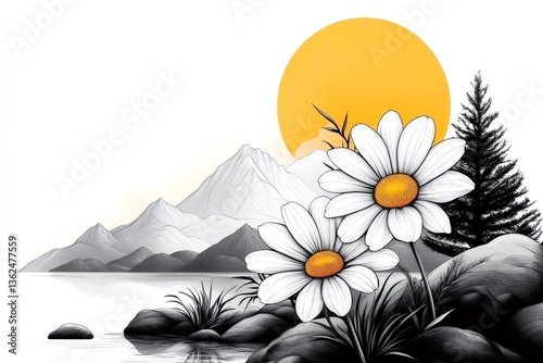 Daisies growing near lake and mountains at sunset