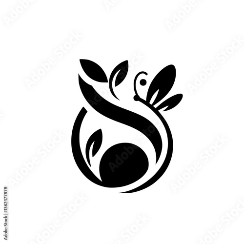 A minimalist black and white logo design, featuring a stylized butterfly and leaves enclosed within a curved form, suggesting nature and harmony.