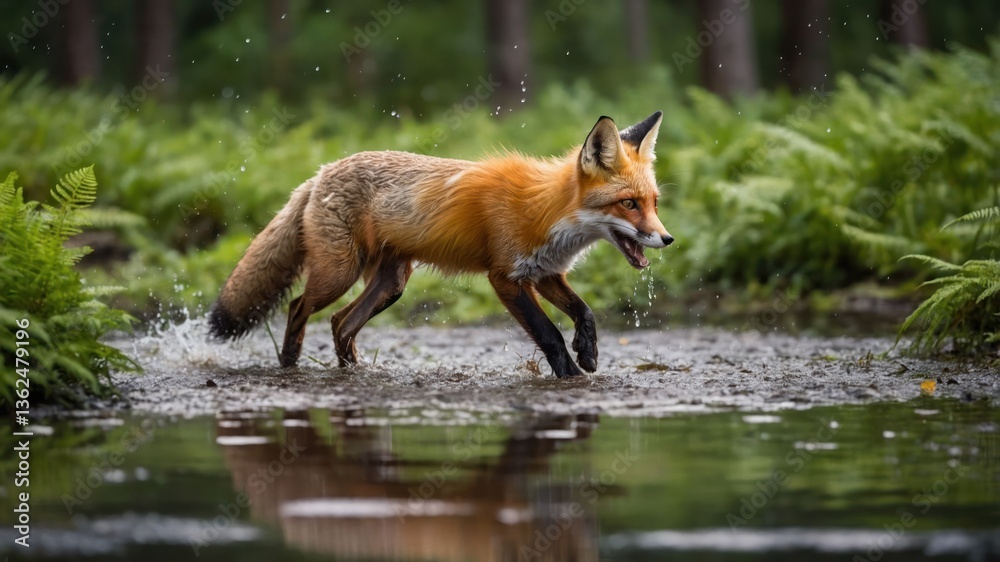 Fototapeta premium A red fox wades through shallow water in a lush green forest setting.
