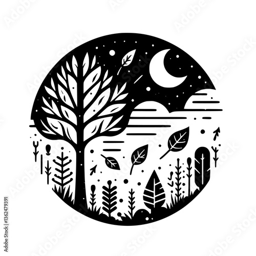 Fotografie A stylized black and white circular landscape with a tree, leaves, a crescent moon, and starry sky, invoking peace