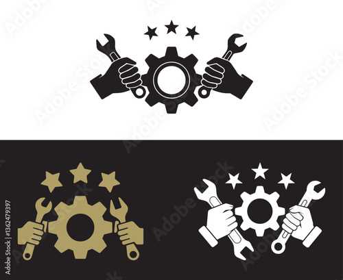 Creative mechanic Logo with hand and Wrench Gear and Stars