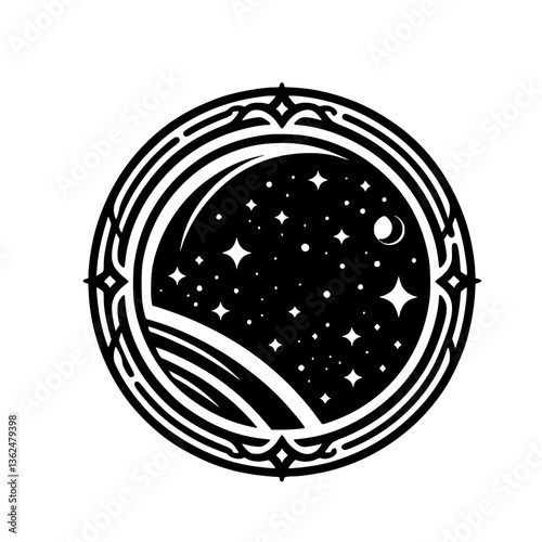 A celestial emblem, a black and white circular illustration depicts a star-studded night sky encompassed within an ornate, stylized frame featuring a crescent moon and geometric patterns, evoking a se