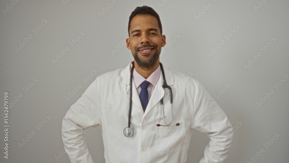 Hispanic male doctor smiling confidently with stethoscope over white background depicting healthcare and professionalism. Hispanic male doctor smiling confidently with stethoscope over white background depicting healthcare and professionalism.