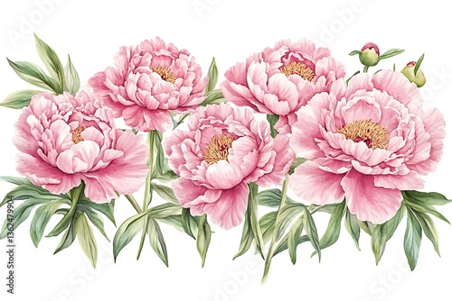 Detailed Watercolor Pink Peony Illustration with Intricate Petals & Lush Green Stems