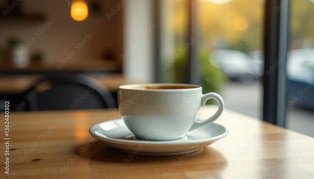 Warm cup of coffee sits alone on a clean table, cup, morning Warm cup of coffee sits alone on a clean table, cup, morning