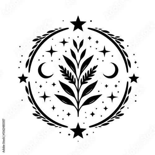 Celestial Botanical Illustration: Black and white circular design featuring a central plant flanked by crescent moons, stars, and a decorative laurel wreath, conveying a sense of harmony and natural m