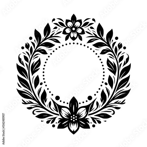 A symmetrical, monochromatic floral wreath design with detailed flowers, leaves, and dotted inner circle, conveying elegance.
