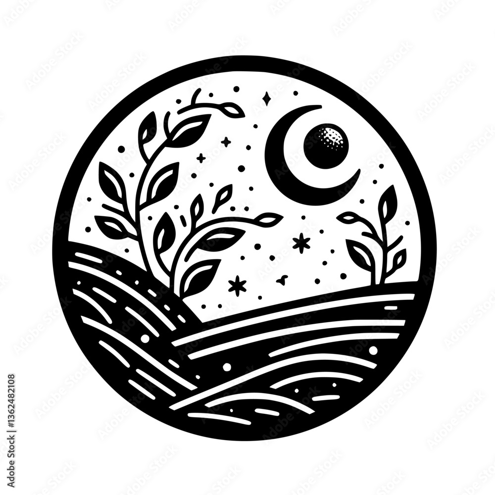 A monochrome circular emblem depicting a serene night scene with stylized foliage, a crescent moon with a dotted golf-ball-like center, stars, and rolling hills. A monochrome circular emblem depicting a serene night scene with stylized foliage, a crescent moon with a dotted golf-ball-like center, stars, and rolling hills.