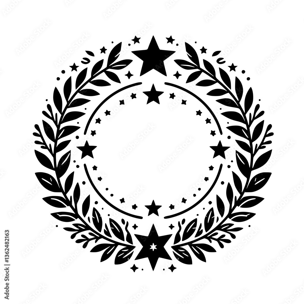Fototapeta premium Elegant Black and White Floral Wreath Adorned with Stars, Featuring a Minimalist Aesthetic for Festive Decoration or Design.