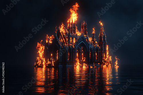 A gothic-style church engulfed in flames, reflecting on dark waters under a night sky