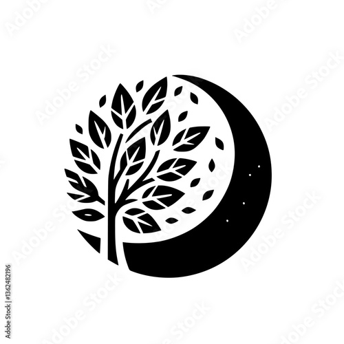 A stylized black and white illustration featuring a tree and crescent moon design within a circular composition, evoking a sense of peace and natural beauty.