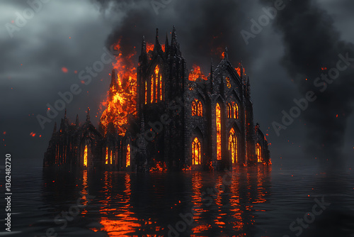 A gothic cathedral engulfed in flames, surrounded by dark waters and ominous smoke