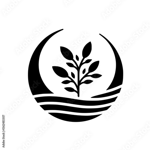 Stylized botanical emblem featuring a budding plant within a crescent-shaped enclosure, above layered lines, rendered in bold black on a stark white backdrop.