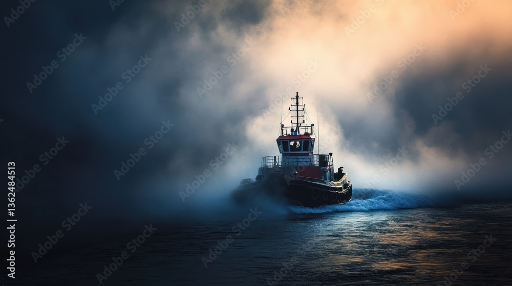 A tugboat navigates a misty sea at dawn. A powerful vessel cuts through the fog, its silhouette highlighted by the soft, golden light of sunrise. A tugboat navigates a misty sea at dawn. A powerful vessel cuts through the fog, its silhouette highlighted by the soft, golden light of sunrise.