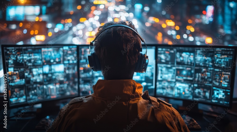 An individual wearing headphones oversees multiple screens displaying live data on transportation, infrastructure, and security systems in a busy urban environment at night. An individual wearing headphones oversees multiple screens displaying live data on transportation, infrastructure, and security systems in a busy urban environment at night.
