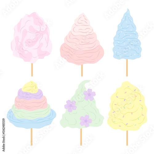 Candyfloss. Sweet sugar dessert. Takeaway. Park, lunapark, circus. Set flat illustrations in coloured cotton candy with different topping.