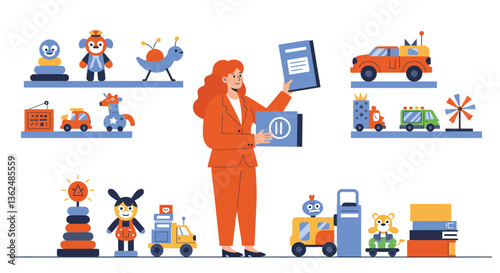 Colorful toy display with a woman presenting in flat vector art