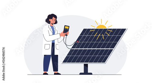 Scientist measuring solar energy with solar panels in flat vector art