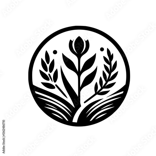 A stylized, monochrome botanical emblem featuring a central flower, flanked by wheat and leaf sprigs, enclosed within a circular frame, representing nature's bounty.