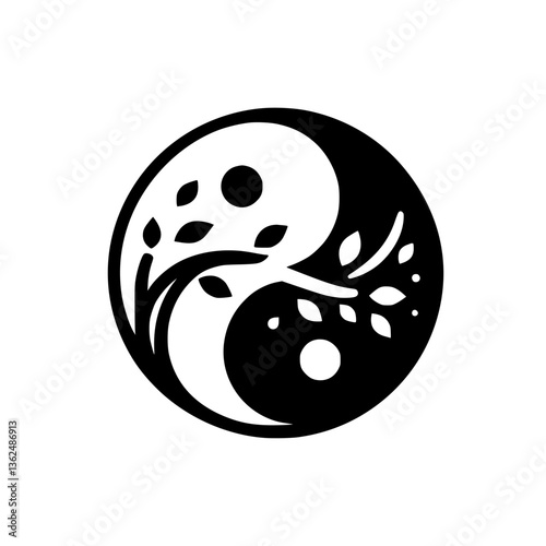 Yin Yang Symbol, a stylized Tree of Life, composed of black and white, representing balance and harmony.