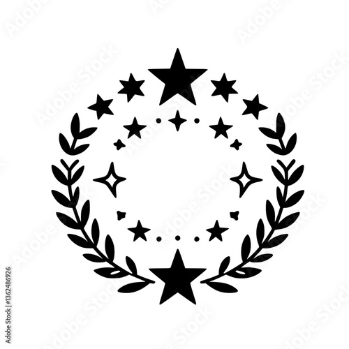 A symmetrical black and white decorative design featuring a star-studded circle enclosed by a leafy wreath.