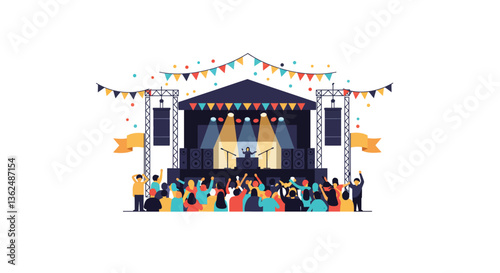 Concert stage with crowd enjoying music in flat vector art style vector illustration