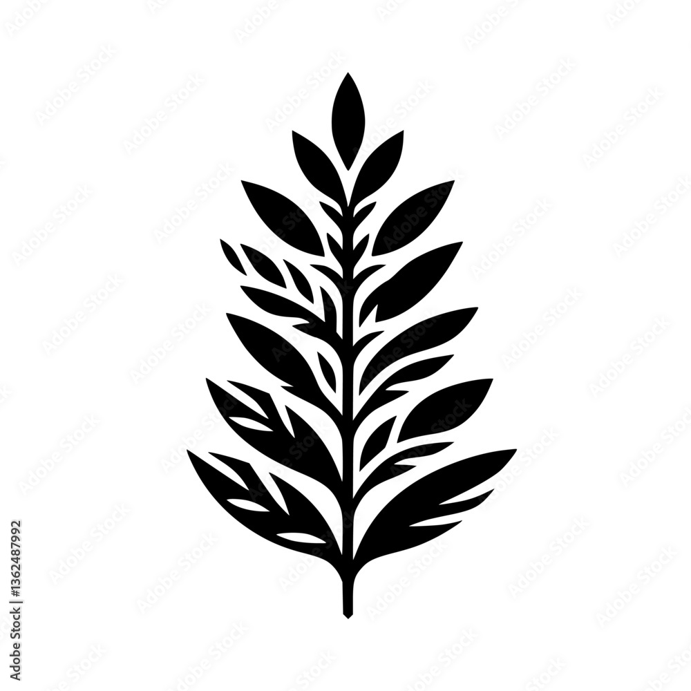 Bold Black Silhouette of a Detailed Leafy Branch on a Clean White Background, Highlighting Nature's Geometric Beauty. Bold Black Silhouette of a Detailed Leafy Branch on a Clean White Background, Highlighting Nature's Geometric Beauty.