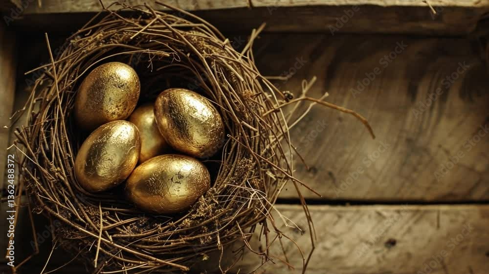 Golden Eggs in Rustic Nest of Twigs on Wooden Surface Luxurious Springtime Celebration of Natures Beauty and Abundance Golden Eggs in Rustic Nest of Twigs on Wooden Surface Luxurious Springtime Celebration of Natures Beauty and Abundance