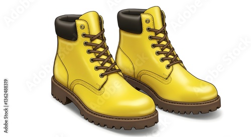 Pair of leather hiking boots isolated on white background with shiny laces and brown and black colors, perfect for winter and outdoor wear