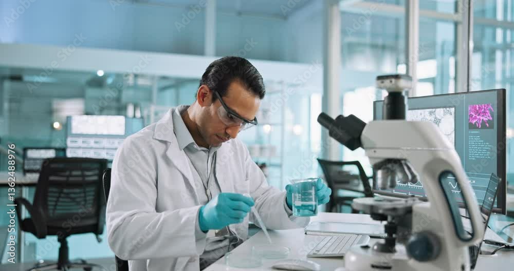 Microscope, chemical and man scientist with pipette in laboratory for research, study or project. Biotechnology, liquid and biologist work on pharmaceutical innovation with glass beaker for medical. Microscope, chemical and man scientist with pipette in laboratory for research, study or project. Biotechnology, liquid and biologist work on pharmaceutical innovation with glass beaker for medical.