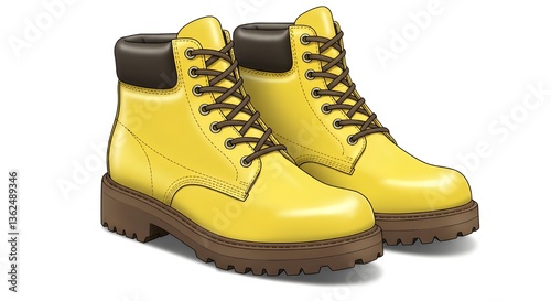 Pair of leather hiking boots isolated on white background with shiny laces and brown and black colors, perfect for winter and outdoor wear