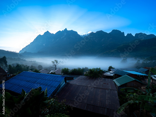 First Light Silhouette: Hill Tribe Village and Doi Luang Range