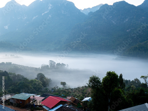Village in fog, Doi Luang Chiang Dao