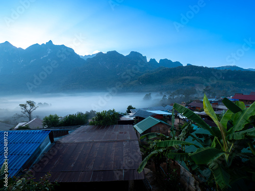 First Light Silhouette: Hill Tribe Village and Doi Luang Range