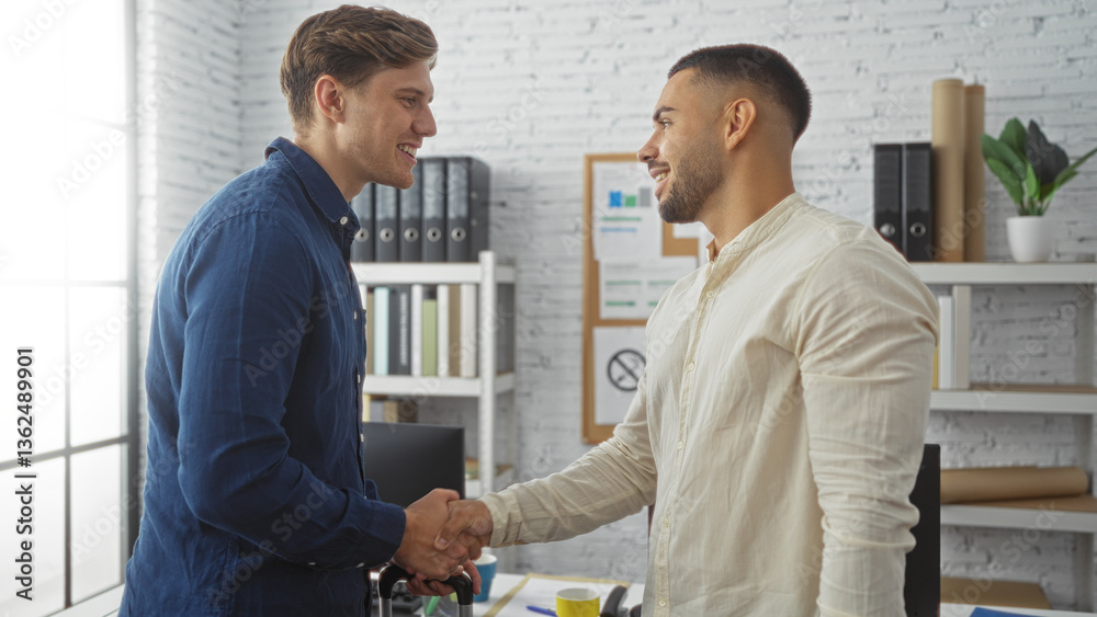 Obraz premium Two men shaking hands in a bright office, signifying a business agreement or partnership with office supplies in the background, showcasing a professional workplace environment indoors