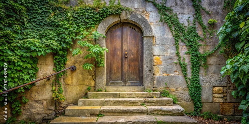Fototapeta premium A weathered stone wall adorned with lush ivy vines, leading to a rustic wooden door with an arched entryway and a stone staircase, creating a sense of mystery and forgotten history.