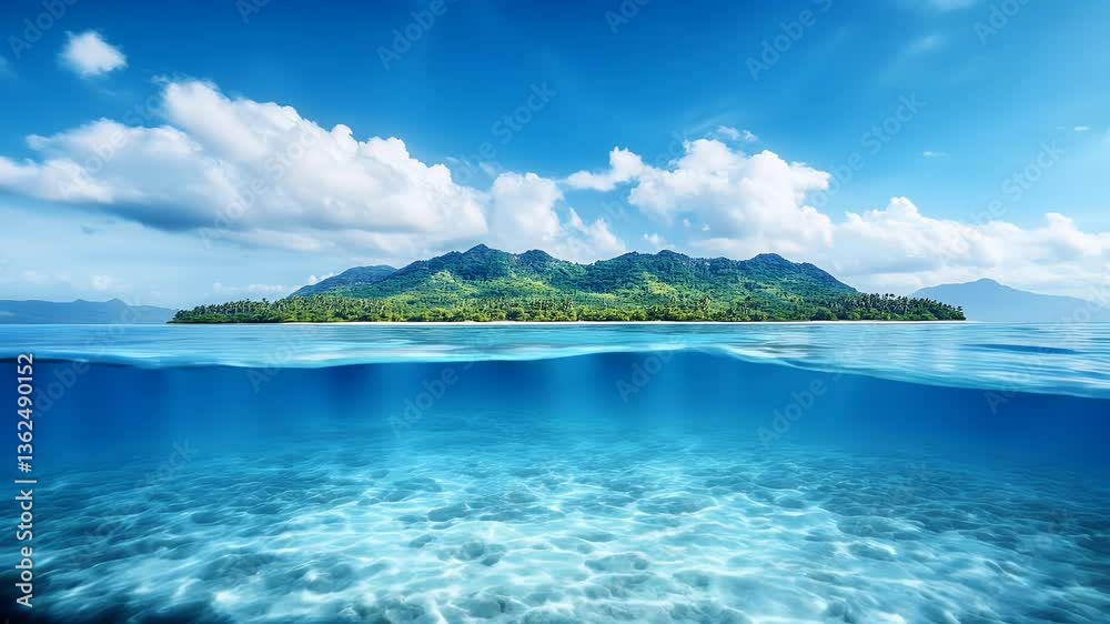 Serene tropical island with lush greenery under a bright blue sky, showcasing calm ocean waters and distant mountains Serene tropical island with lush greenery under a bright blue sky, showcasing calm ocean waters and distant mountains