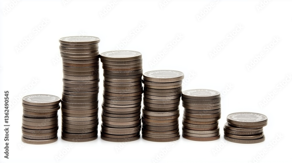Stack of coins arranged as a rising bar graph, visually representing inflation, financial growth, and economic uncertainty in a dynamic composition Stack of coins arranged as a rising bar graph, visually representing inflation, financial growth, and economic uncertainty in a dynamic composition