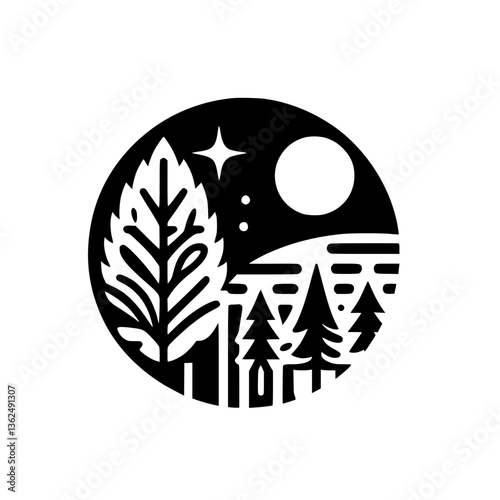 Black and White Circular Landscape Illustration: Leafy Tree, Coniferous Forest, Starry Sky, and Full Moon; Nature's Serene Night.