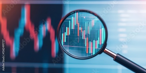 A magnifying glass focuses on a digital stock market chart with colorful graphs indicating market movements and trends.