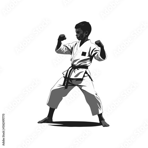 Young boy martial artist and karate kid poses in a dynamic stance during a karate practice session in the dojo