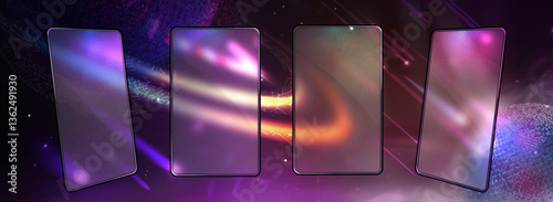 Abstract smartphones in a sci digital cosmos setting. Glassmorphism screen smartphone. Transparent matt glass plates on the background space with planets, stars and comets