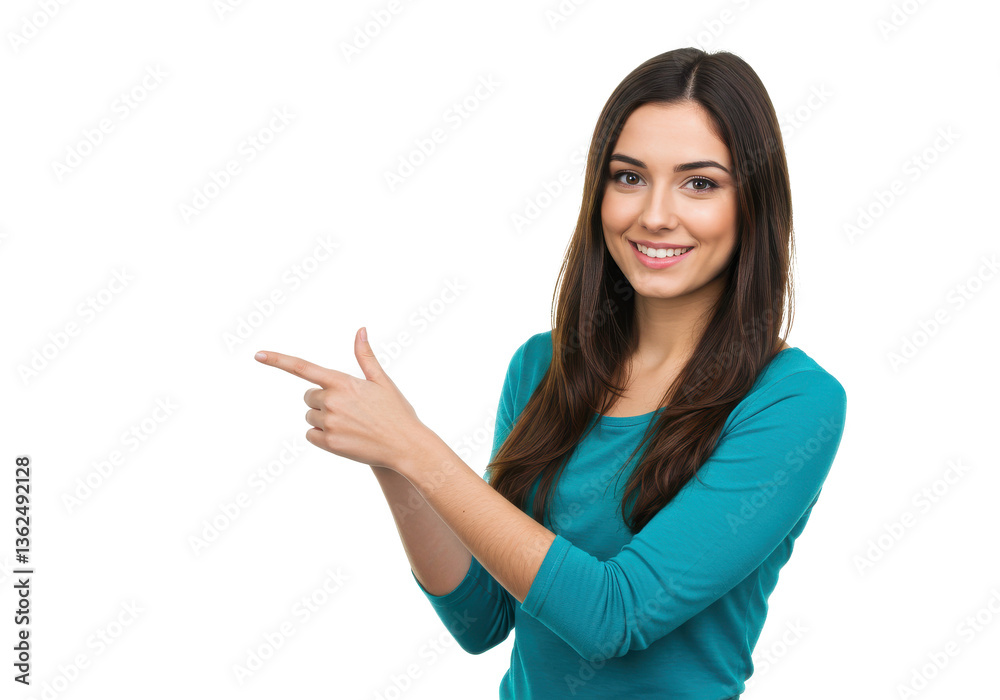 Young woman pointing to the side, showing offer isolated on White background PNG transparent background Young woman pointing to the side, showing offer isolated on White background PNG transparent background