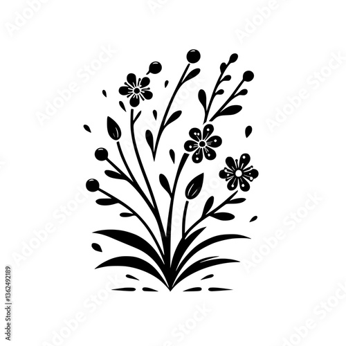 Elegant Monochrome Floral Illustration: A stylized bouquet of blossoming flowers, berries, and foliage rendered in black and white, creating a clean, symmetrical design.