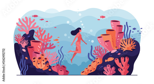 Underwater scene with coral reefs and a swimmer in flat vector art