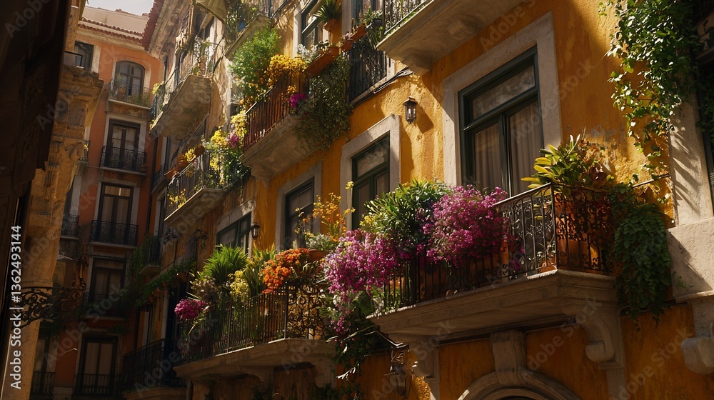 Fototapeta premium Sunlit yellow building with vibrant flower-filled balconies